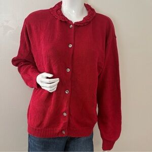 Vintage Gap Red Button-Up Cotton Cardigan w Crochet Rosette Collar Cottagecore